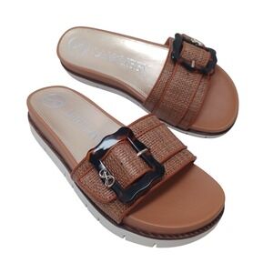 Sam & Libby Andi 2 Women Tan Raffia Platform Slide Sandals Tortoise Buckle 8M